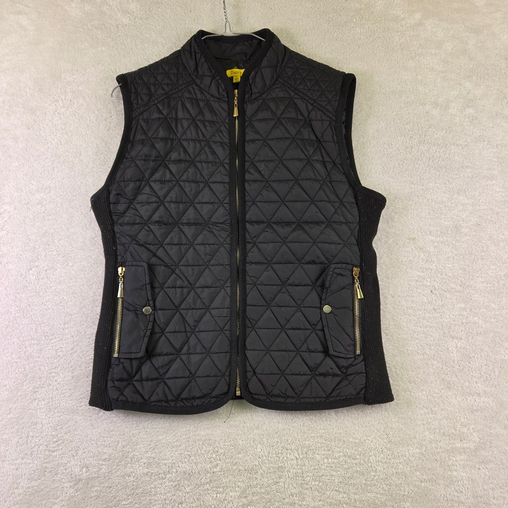 Black Quilted Diamond Stitch Vest Ribbed Knit Sides Back Toggle Mock Neck M